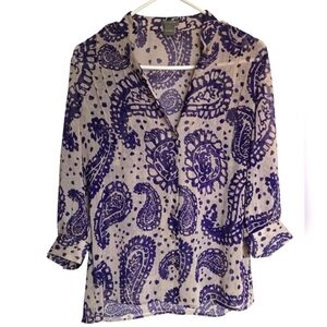 Ann Taylor Purple Sheer Blouse Notched Collar Button Up 3/4 Sleeve Small